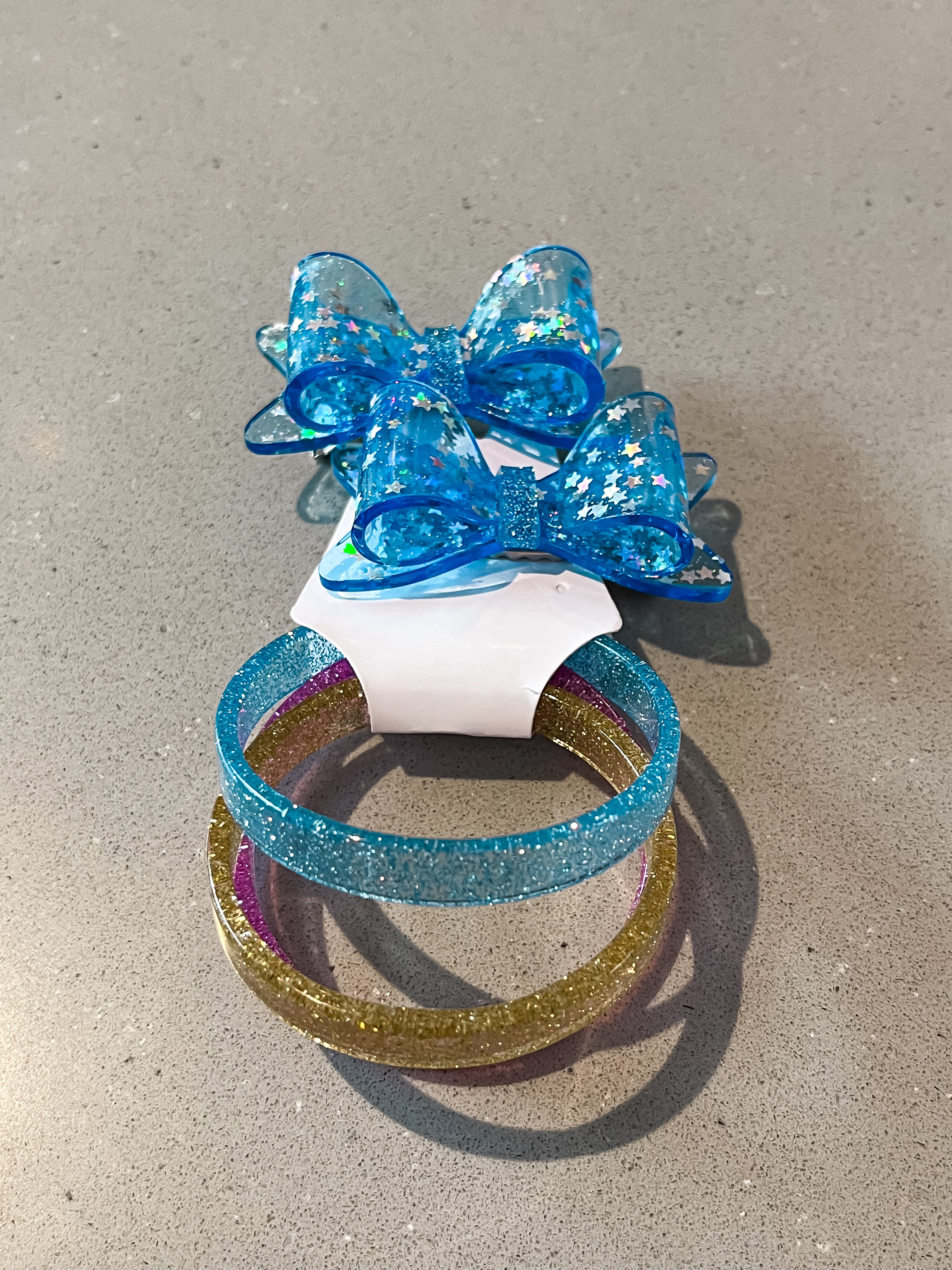 Sparkly blue stars acrylic bow hair clip with multicolor bracelets