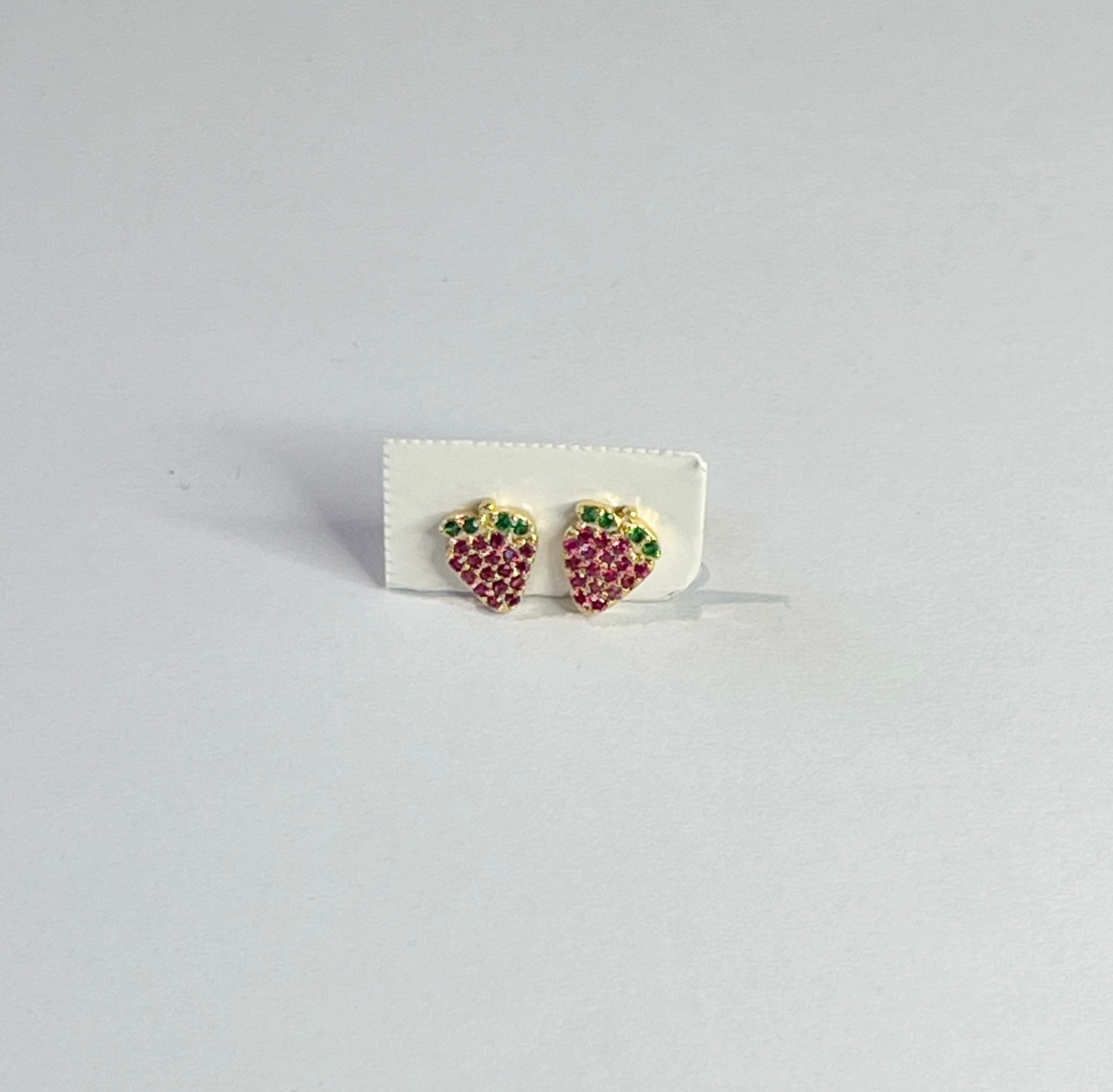 Gold-plated cubic zirconia strawberry earrings with safety backings